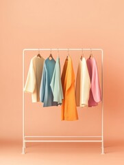 Poster - Minimalist clothing rack displays neatly arranged garments in soft pastel colors against a peach background. Generative AI