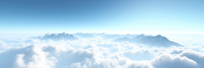 Poster - Majestic mountain range rises above soft clouds under a clear blue sky with ample space for additional text. Generative AI