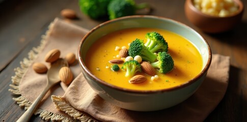 Wall Mural - Creamy autumnal soup garnished with broccoli florets and roasted almonds in a rustic bowl