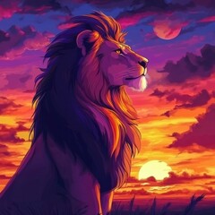 Aufkleber - Vibrant pop art lion portrait against a stunning savanna sunset with text space. Generative AI