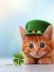 Wall Mural - Adorable Kitten in Green Hat with Clover - Cute ginger kitten wearing a green leprechaun hat, beside a four-leaf clover. Symbolizing luck, Irish heritage, spring, cuteness, and joy