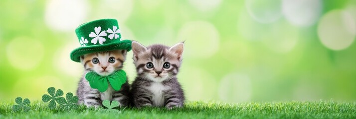 Wall Mural - Adorable Kittens in Green Hats - Two cute kittens, one wearing a leprechaun hat, sit in the grass. Perfect for St. Patrick's Day