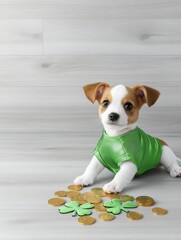 Wall Mural - Adorable Puppy in Shamrock Outfit with Gold Coins - Cute puppy wearing a green shamrock outfit, surrounded by gold coins and shamrocks. Symbolizing luck, St. Patrick's Day, fortune, cuteness, and joy