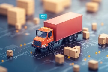 Wall Mural - Digital map with ai in gps for delivery innovation and future transport logistics . 3D rendering of a truck driving on a road, marked by a map pin indicating a specific location.