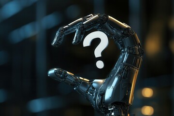 Composite image of composite image of robotic arm holding question mark 3d .