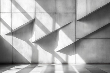 Leinwandbilder - A modern interior featuring geometric concrete walls and intriguing light and shadow patterns, ideal for showcasing contemporary design aesthetics.