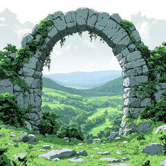 Wall Mural - Stone arch overlooking lush green valley