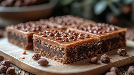 Wall Mural - Delicious chocolate dessert bars topped with chocolate chips on a wooden board.