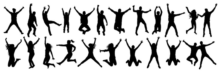 Wall Mural - Silhouettes of jumping people jumping in various poses, set. Vector illustration