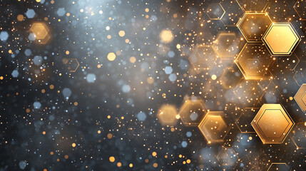 Wall Mural - Abstract background of metallic gold and gray digital hexagons with glowing edges.