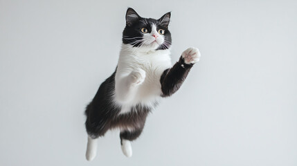 Wall Mural - Black and white tuxedo cat jumping on white background.