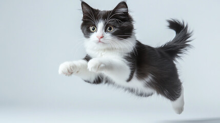 Wall Mural - Black and white tuxedo cat jumping on white background.