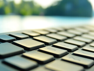 closeup of a dark grey keyboard against a blurred scenic backdrop of lush greenery and tranquil wate