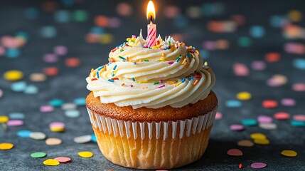 Wall Mural - Delicious birthday cupcake with a lit candle surrounded by colorful confetti on a table