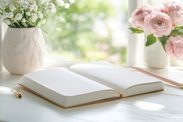 Leinwandbilder - Open notebook and pencil on a bright wooden desk with flowers in a spacious area for text. Generative AI