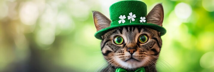 Wall Mural - Cute Cat St Patricks Day Celebration - Adorable tabby cat wearing a green leprechaun hat, celebrating St. Patrick's Day. Symbolizing luck, Irish heritage, spring, festivity, and feline charm