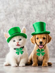 Wall Mural - Cute Kitten and Puppy in Green Hats - Adorable kitten and puppy wearing festive green hats and shamrock necklaces, symbolizing friendship, luck, spring, celebration, and joy