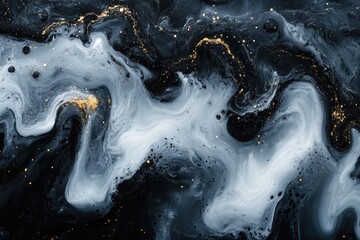 Fototapete - Abstract liquid marble texture in black, white, and gold hues, perfect for backgrounds, art projects, and modern design inspirations.