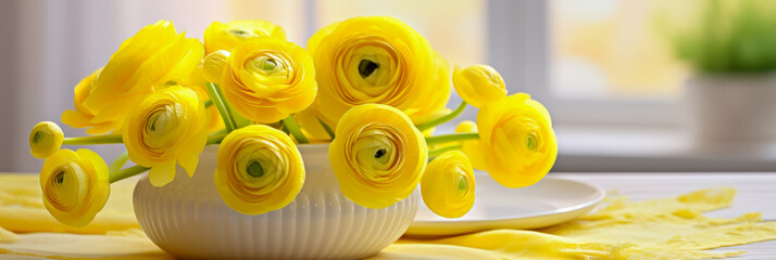 Aufkleber - Bright yellow ranunculus flowers arranged in a white bowl on a sunny table setting
