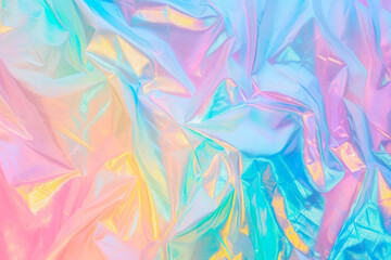 Aufkleber - Colorful iridescent foil reflecting light in soft pastel hues with intricate folds and textures creating an artistic background