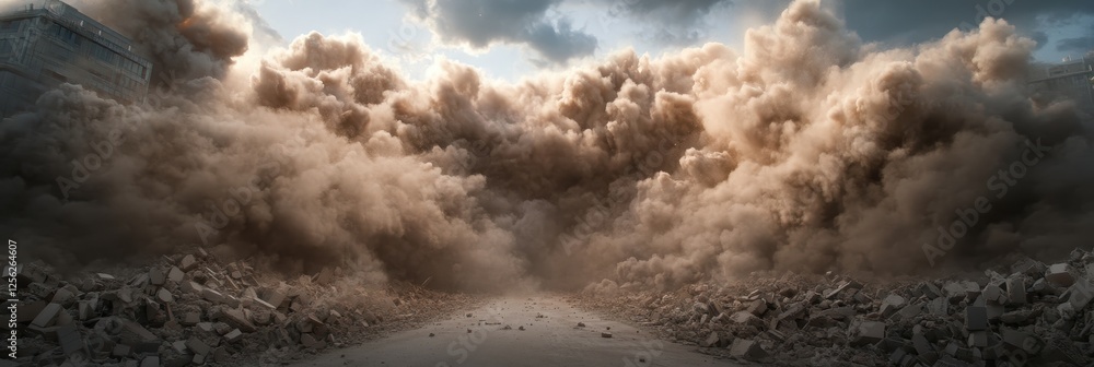 Devastation of coastal town by gigantic earthquake and massive ...