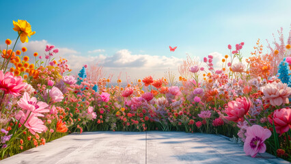 Wall Mural - Vibrant flower garden in full bloom under a clear blue sky during a sunny day