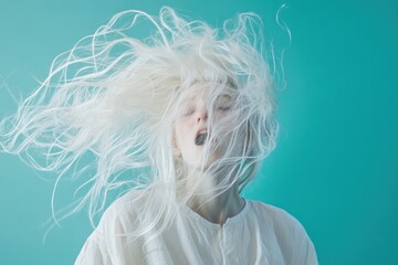 A person with messy white hair experiences strong wind, creating a dynamic and ethereal look against a vibrant cyan backdrop