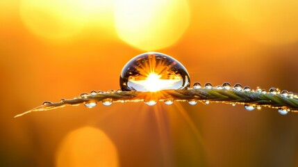 Wall Mural - A close-up of a dew drop on a leaf, reflecting the sun's rays, creating a beautiful interplay of light and nature in warm golden tones.