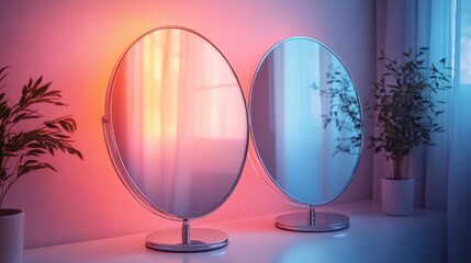 Leinwandbilder - Futuristic interior with stylish mirrors reflecting colorful light in a modern setting, accentuated by green plants for a refreshing aesthetic.