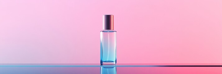 Leinwandbilder - Sleek cosmetic bottle on reflective surface with clean pastel toned background for product display. Generative AI