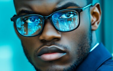 close up portrait of programmer with data code reflection in glasses against turquoise background, d
