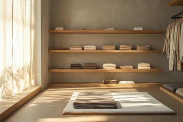 Wall Mural - Modern minimalist wardrobe with neatly arranged neutral-toned clothing and warm lighting