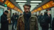 © useful pictures - A Man With a Beard Stands in the Center of a Bustling Subway Station, Looking Directly at the Camera