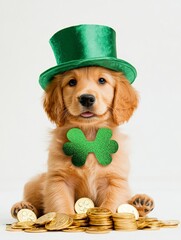 Wall Mural - Golden Retriever Puppy in Leprechaun Hat with Coins - Adorable golden retriever puppy wearing a green leprechaun hat and shamrock bow tie, sitting on a pile of gold coins