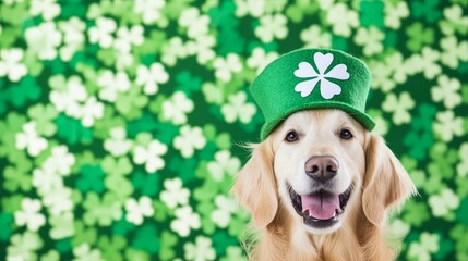 Wall Mural - Happy Golden Retriever in St Patricks Day Hat - A cheerful golden retriever dog wears a green St. Patrick's Day hat against a shamrock background