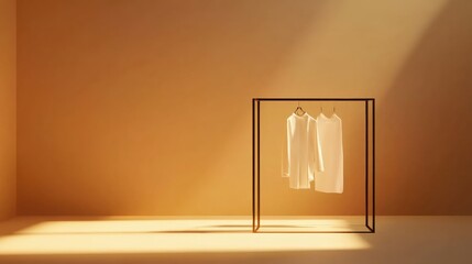 Leinwandbilder - Minimalist clothing rack with neatly arranged garments in a warm, softly lit space. Generative AI
