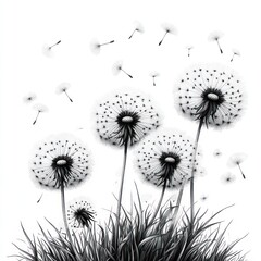 Wall Mural - Black and white dandelion illustration with seeds flying over grass