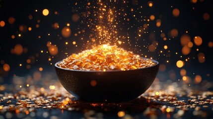 Wall Mural - glowing golden flakes in bowl, dark bokeh