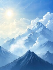 Poster - Majestic mountain range with soft clouds under a clear blue sky and open space for text. Generative AI