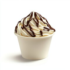 A transparent background image of a plastic cup with vanilla soft serve ice cream and chocolate syrup, image