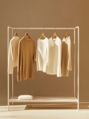 Aufkleber - Minimalist clothing rack showcasing neatly arranged neutral garments in a stylish setting. Generative AI