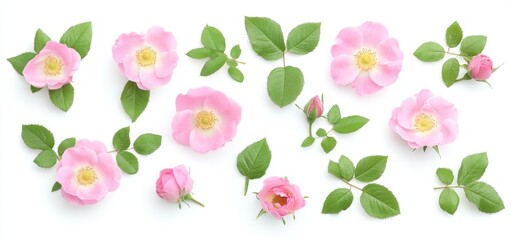 Canvas Print - A set of exquisite pink roses, flowers, buds, and leaves, isolated on a transparent background, suitable for garden design, perfume, or essential oil imagery, shown in a top view or flat lay