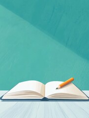 Aufkleber - Open notebook with pencil on bright wooden desk inviting creativity and productivity in a spacious environment. Generative AI
