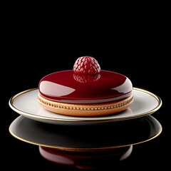 Wall Mural - Elegant dessert with a shiny red glaze and raspberry garnish, presented on a plate with a gold rim.