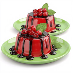 Wall Mural - Two red desserts on green plates, topped with cherries, mint leaves, and dark chocolate sauce.