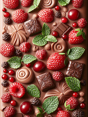 Poster - A tempting assortment of chocolates, berries, and mint leaves arranged on a smooth, rich chocolate surface.