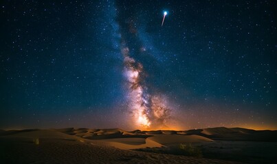 Wall Mural - A majestic view of the Milky Way galaxy shining brightly over sand dunes and a shooting star in the sky