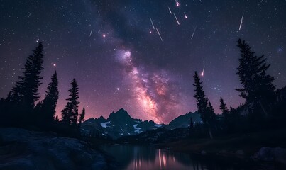 Wall Mural - Night sky with meteor shower and milky way over a mountain landscape and a lake