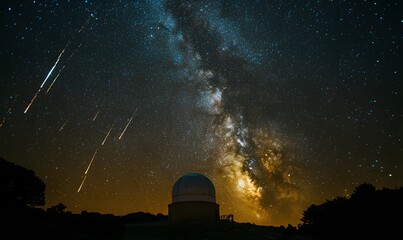 Wall Mural - A breathtaking night scene with meteors streaking across the starlit sky above an observatory
