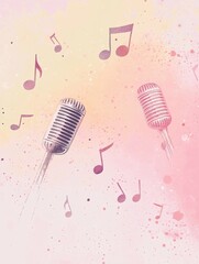 Poster - K pop inspired minimalist background with music notes and microphones featuring vibrant pastel colors. Generative AI